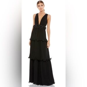 Mac Duggal Elegant Rosette Trim Waist Gown Black Layered Maxi Dress Style 49281